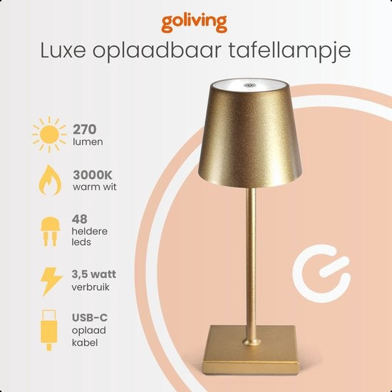 Goliving Tischlampe Wiederaufladbar - Kabellos und dimmbar - Moderne Touch-Lampe - Nachtlampe für das Schlafzimmer - 26 cm - Gold