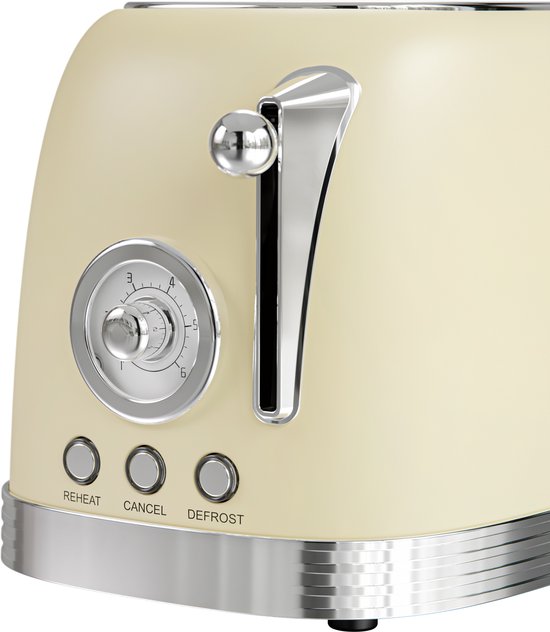 KitchenBrothers Retro-Toaster - Toaster - 6 Heizstufen - 2 extra breite Schlitze - 815W - Beige