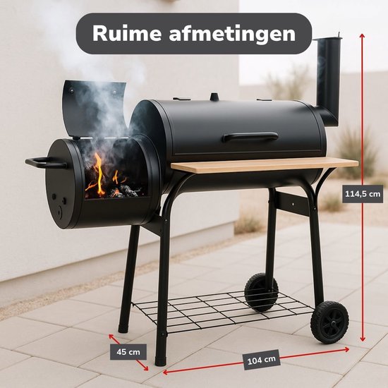 alpina Smoker Barbecue - BBQ Smoker - mit separatem Räucherofen - Verstellbarer Kamin - 104 x 58 x 114 cm