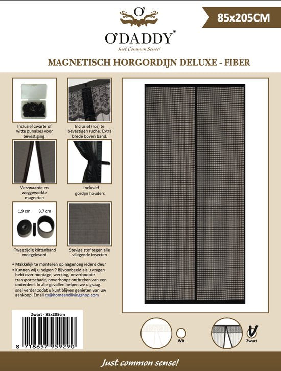O'DADDY Türvorhang Deluxe FIBER - Magnetischer Fliegenvorhang - Für Neubau- und Standardtüren - Einfache Montage - Schwarzes Horn - 85x205 cm