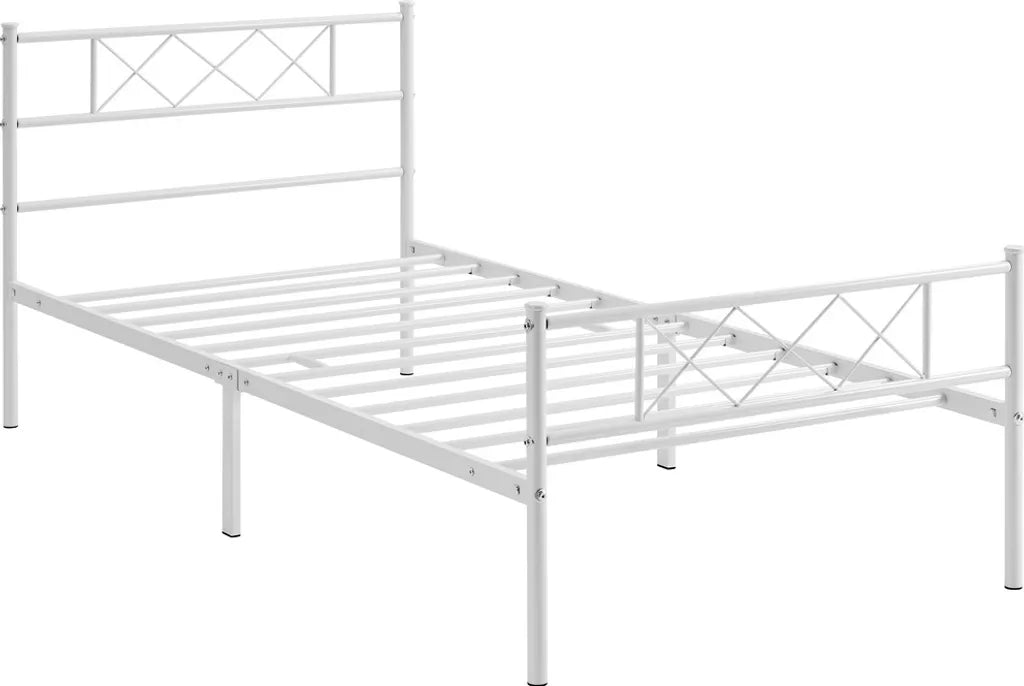 Yaheetech Bettrahmen 90 × 190 cm - Weißes Metall - Einzelbett mit X-Design Kopfteil, Lattenrost und 32,5 cm Stauraum