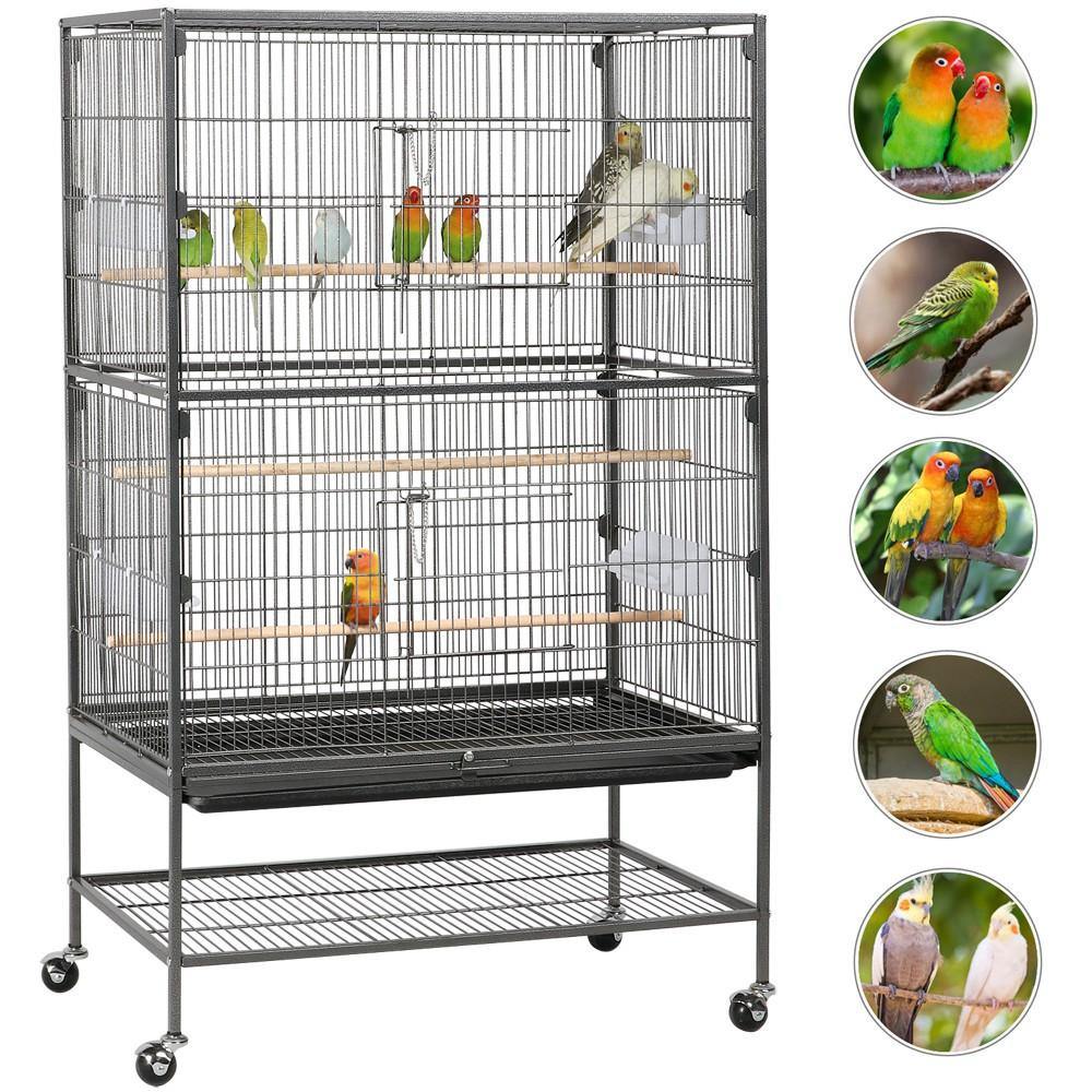 Yaheetech Vogelkäfig 132 cm – Schwarz – Groß – Mit Ständer – 3 Sitzstangen – 4 Futtertröge – Auf Rädern