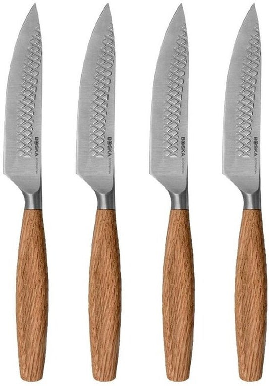 Boska Steakmesser / Steakmesser-Set Oslo+ - 4 Stück - Edelstahl - Für Fleisch und Gemüse - Antihaftbeschichtung - Europäisches Eichenholz