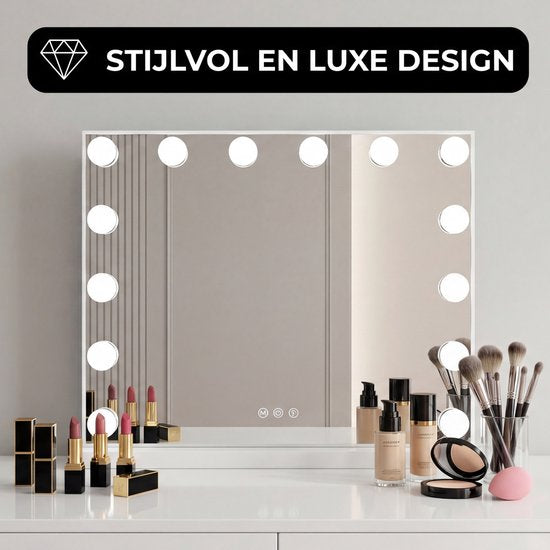 Bayt Hollywood Spiegel mit Beleuchtung - Make-up Spiegel mit Beleuchtung - Spiegel mit Beleuchtung - dimmbar - 10x Vergrößerung - 50x40cm - Weiß