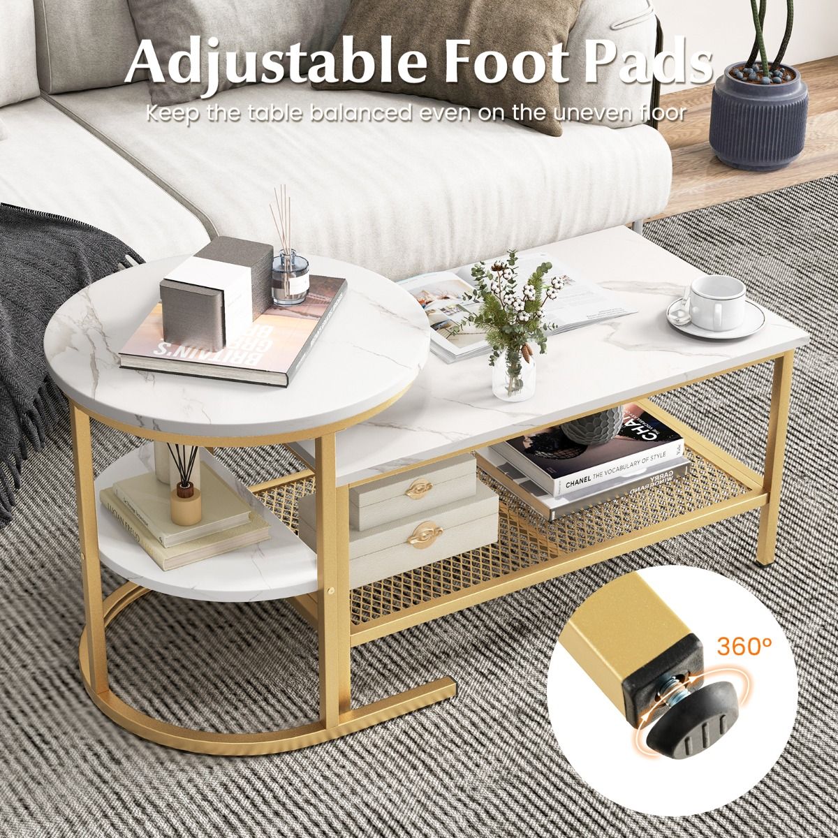 Coast Set aus 2 Beistelltischen – Tischplatte in Marmoroptik – Goldfarbenes Metallgestell – Rund und rechteckig