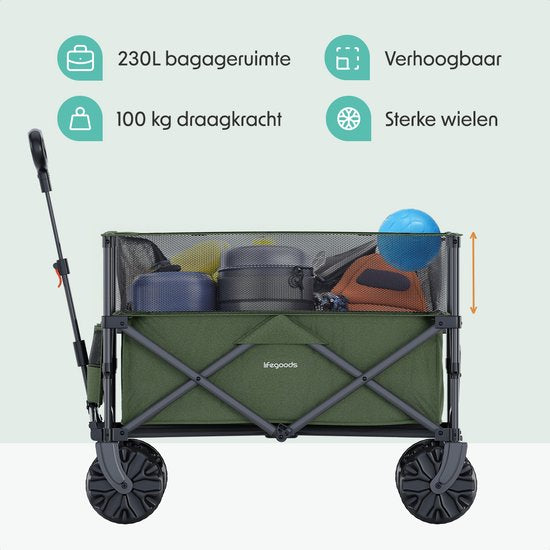 LifeGoods Wagon - Faltbarer Wagen - 100KG - 230L - Erhöht - Mit Schutzhülle - Grün