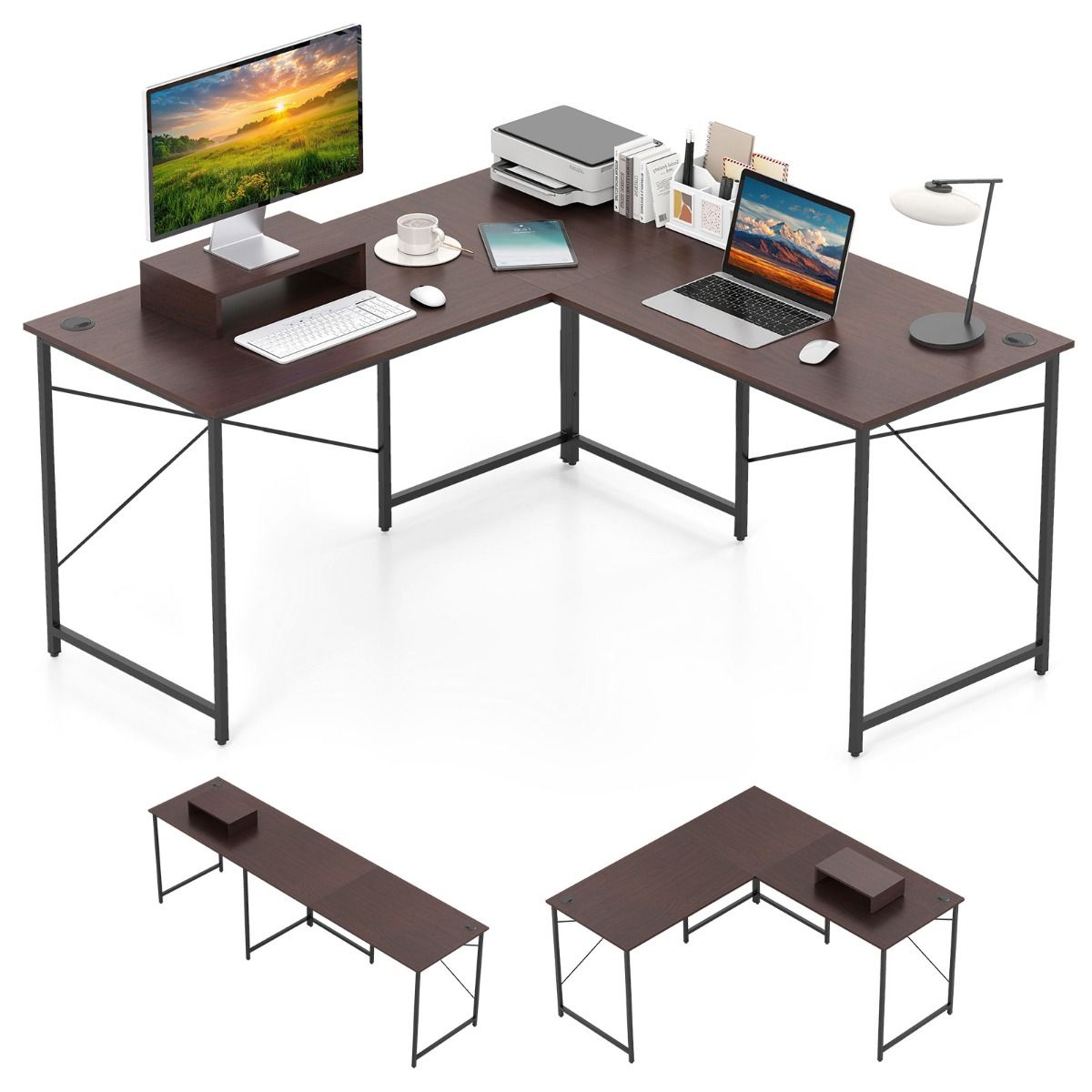 Coast Eckbüro L-förmig, beidseitig nutzbar – integrierte Steckdose – verstellbarer CPU-Halter – dunkelbraun