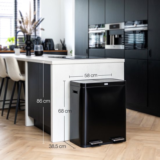 Deleca Wertstoffbehälter mit 2 Fächern - 60 Liter (2x30) Abfallbehälter - Mülltrennung / Pfandbehälter / Tret-Abfallsammler - Mülleimer mit FreshAura Geruchskontrolle - Slow Close - Edelstahl Schwarz