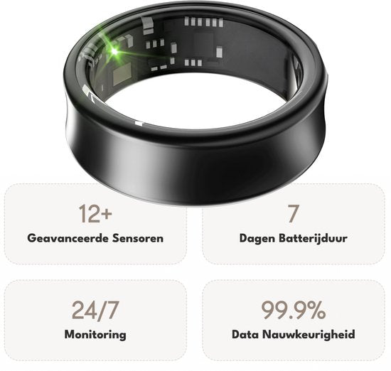 Focus® S2 Smart Ring - Schwarz - Größe 12 - AI Coach - Herzfrequenz - Menstruationszyklus - Schlafüberwachung - Recovery Score - Smart Ring - Sport Performance - Schrittzähler -IP68 Wasserdicht - O2 Messung - Frauen - Männer - Wearables - Ladeetui - Schut