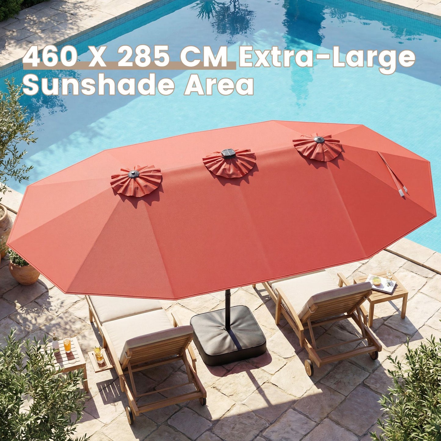 Coast 460 x 285 cm Doppelter Gartenschirm, orange, mit 48 solarbetriebenen LEDs – Extra großer Sonnenschirm mit selbstaufladendem Solarpanel