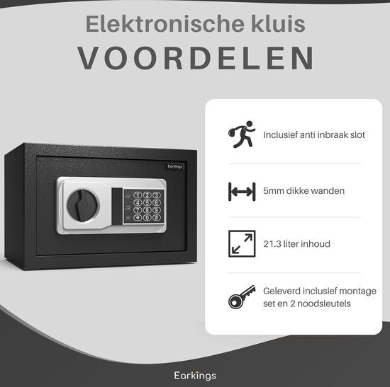 Earkings Safe 23x41x33 cm mit Zahlenschloss - Tresor Elektronische Spardose - Inklusive Befestigungsmaterial, zwei Notschlüsseln und Alarmschloss