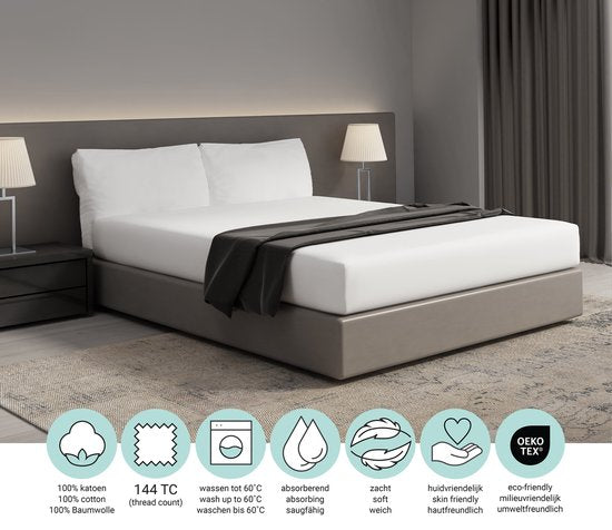DoubleDry Spannbetttuch aus 100 % natürlicher Baumwolle – Doppelbett 180 x 200 cm – Weich & atmungsaktiv – Rundum-Gummizug – Weiß