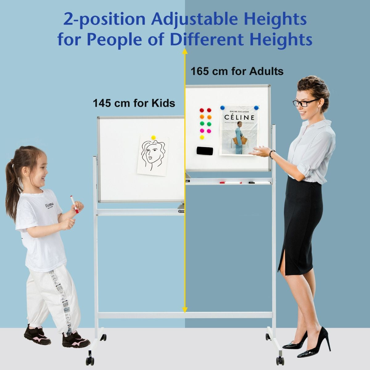 Coast Doppelseitiges magnetisches mobiles Whiteboard verstellbare, trocken abwischbare Tafel auf Rädern weiß