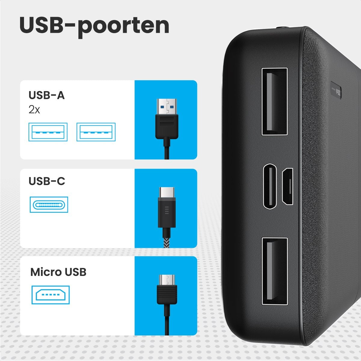 Auronic Powerbank - 10.000 mAh - 4 Anschlüsse - 2,4A USB/Micro-USB/USB-C - Inkl. Kabel - Schwarz