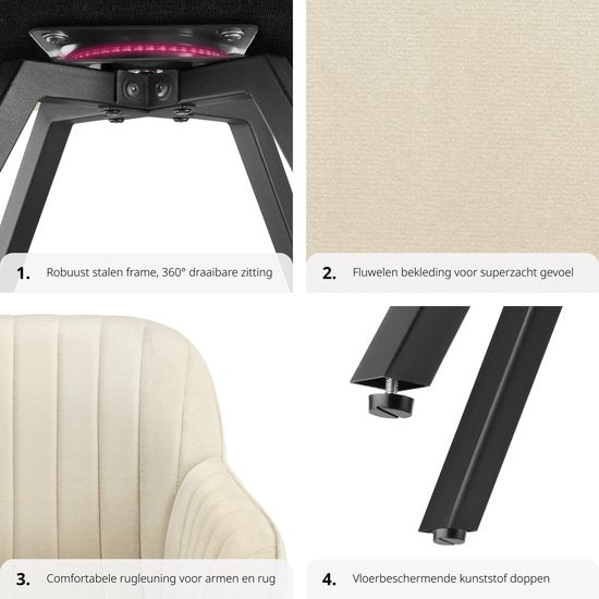 tectake - Esszimmer-Drehstuhl mit Armlehnen - Ergonomischer Schalensessel mit Samtbezug - Gepolstert - Drehstuhl für Wohnzimmer, Esstisch, Arbeitszimmer, Frisiertisch und Küche - Creme