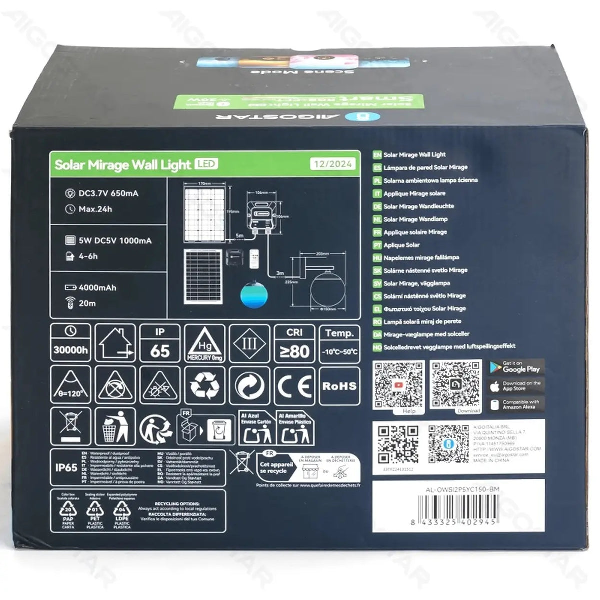 Aigostar Smart Solar-Wandleuchte – Bluetooth Mesh – RGBCCT – 20 W