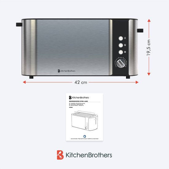 KitchenBrothers Toaster - Toaster - 6 Heizstufen - 2 extra lange Schlitze - 1520W - Edelstahl/Schwarz