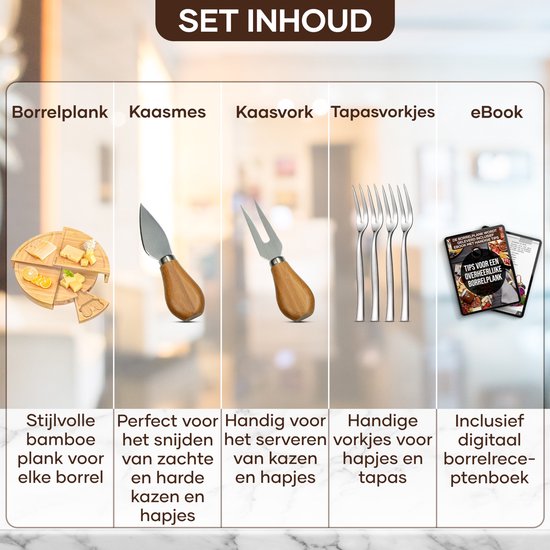Villux Tapas-Brett – Snack-Brett – Servierbrett – Käsebrett – Häppchenbrett – inklusive Käsemesser – Tapas-Brett aus Bambus – rundes Snack-Brett – inklusive E-Book – ø 38 cm