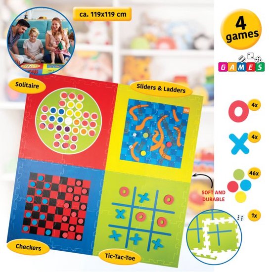 Lifetime Games Spielmatte 4-in-1 Spiele - 119 x 119 x 1 CM - 4 Spiele mit Spielsteinen - Grundfarben