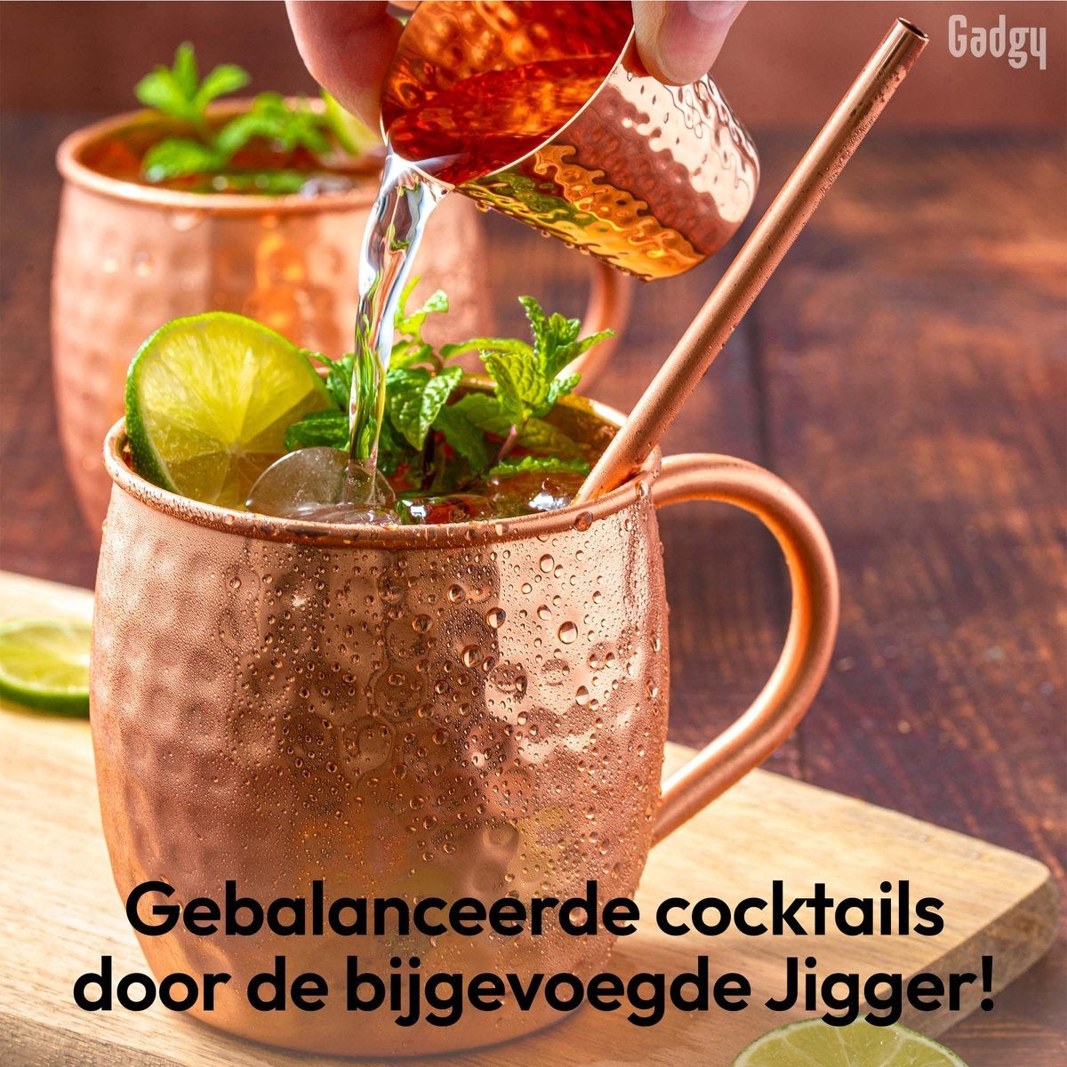 Gadgy Moscow Mule Cups Set - 100% Kupfer - Cocktail-Set : 2 Cocktailgläser, 2 Strohhalme & 1 Bar-Maß