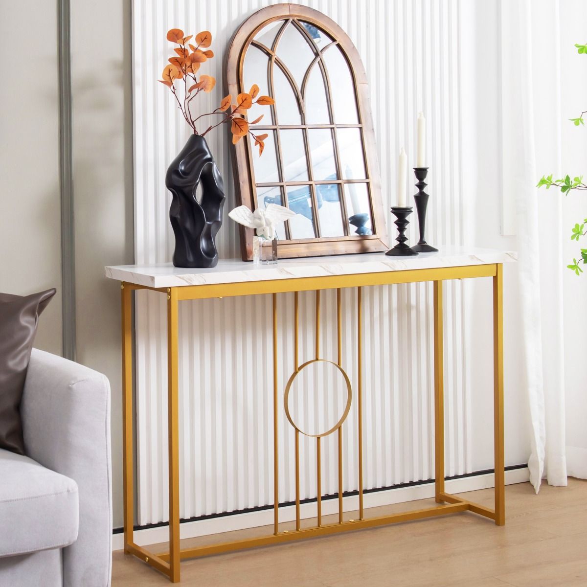 Coast Beistelltisch in Marmoroptik mit Metallrahmen - 120 x 30 x 80,5 cm - Weiß + Gold