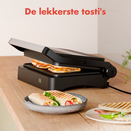 KitchenBrothers Kontaktgrill - Toasti Gerät - Grillgerät - Panini Grill - Croque Monsieur Gerät - Toasti Eisen - 1200W - Schwarz