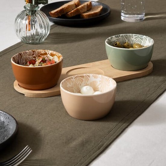 Secret de gourmet Servierbrett für Häppchen / Nüsse – 3 Schälchen – Tapas- und Saucenschälchen – Farbmischung – Häppchen-Platte