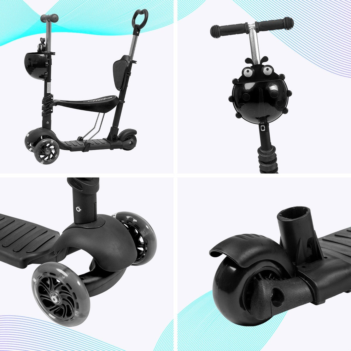 LifeGoods MultiRider - Kinder-Roller mit Schiebestange - 3 -8 Jahre - Jungen/Mädchen - 3 leuchtende Räder - Schwarz