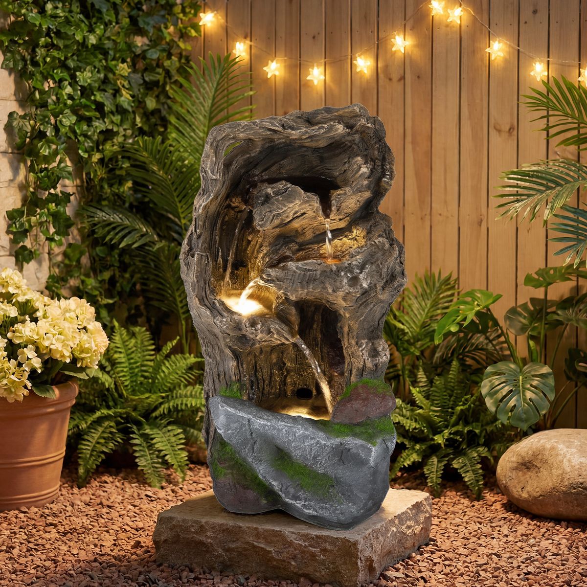 Coast Gartenbrunnen mit 4 Ebenen – LED-Beleuchtung – wetterfest – braun, 26 x 28 x 53 cm