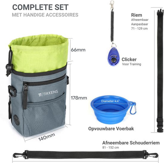 Tikkens Belohnungstasche für Hunde – Mit Clicker und zusammenklappbarem Fressnapf – Wasserdicht und waschbar – 25 x 15 x 3 cm – Grau