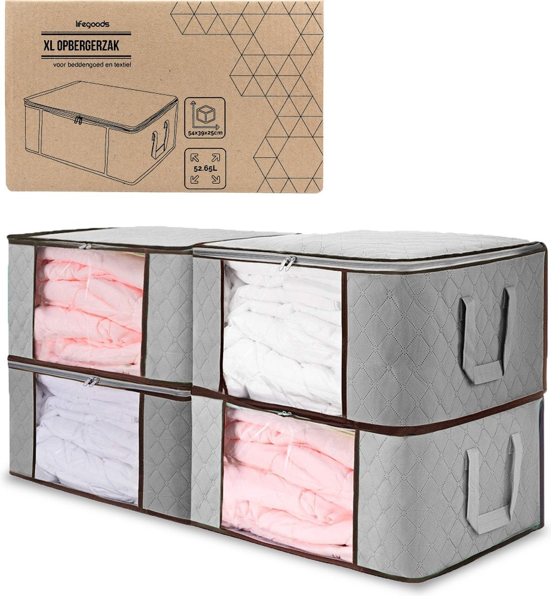 LifeGoods Aufbewahrungstasche und Organizer - 4x 50L - 54x25x39 cm - Textil - Grau
