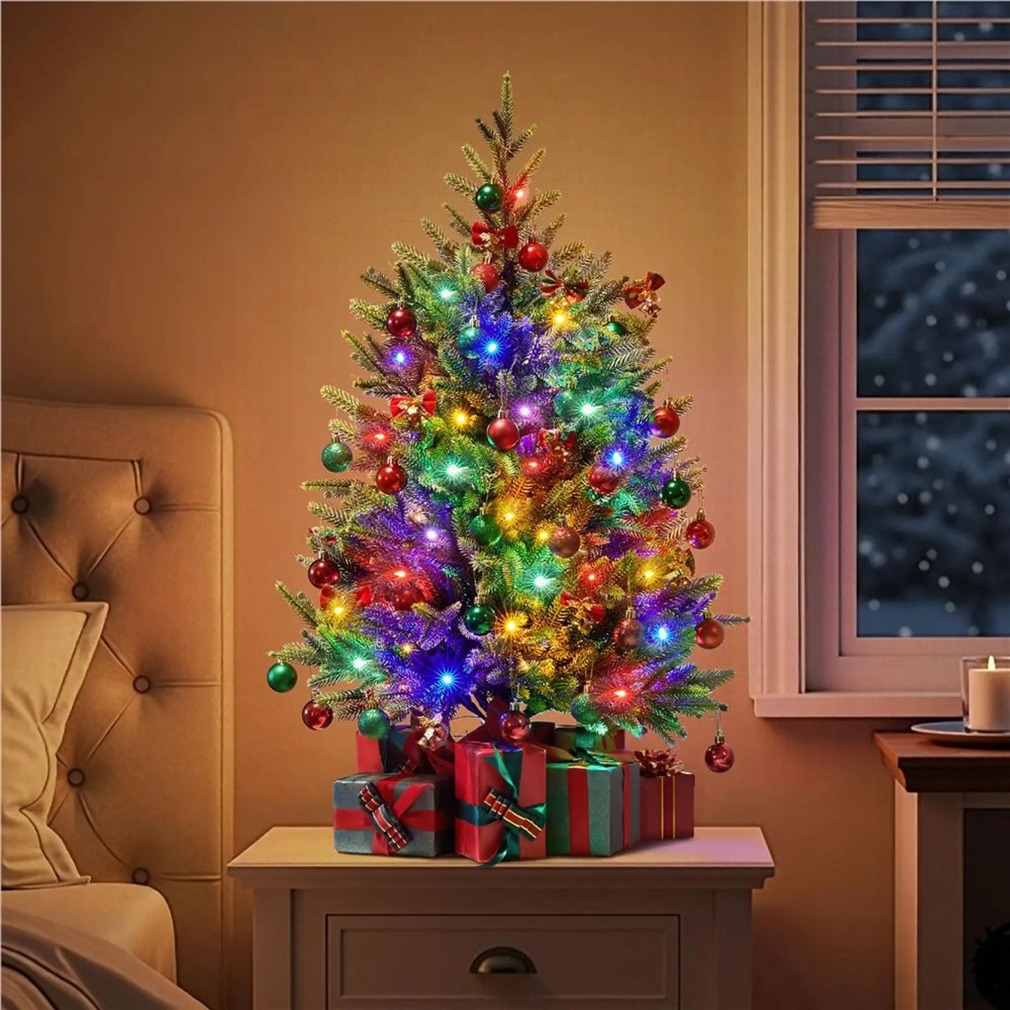 Yaheetech Künstlicher Weihnachtsbaum mit 50 farbigen Led-Lichtern - mit 143 Zweigspitzen und 8 Lichtmodi und Zementsockel - für Fensterbank und Tisch - grünes PVC und Beton - 58 x 58 x 91,5 cm