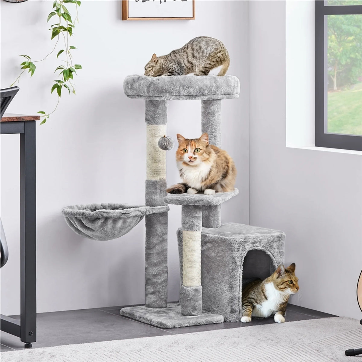 Yaheetech Kompakter Kratzbaum mit 3 Ebenen, 49,5 x 34,5 x 86,5 cm – stilvolles Hellgrau – Sisal und Plüsch