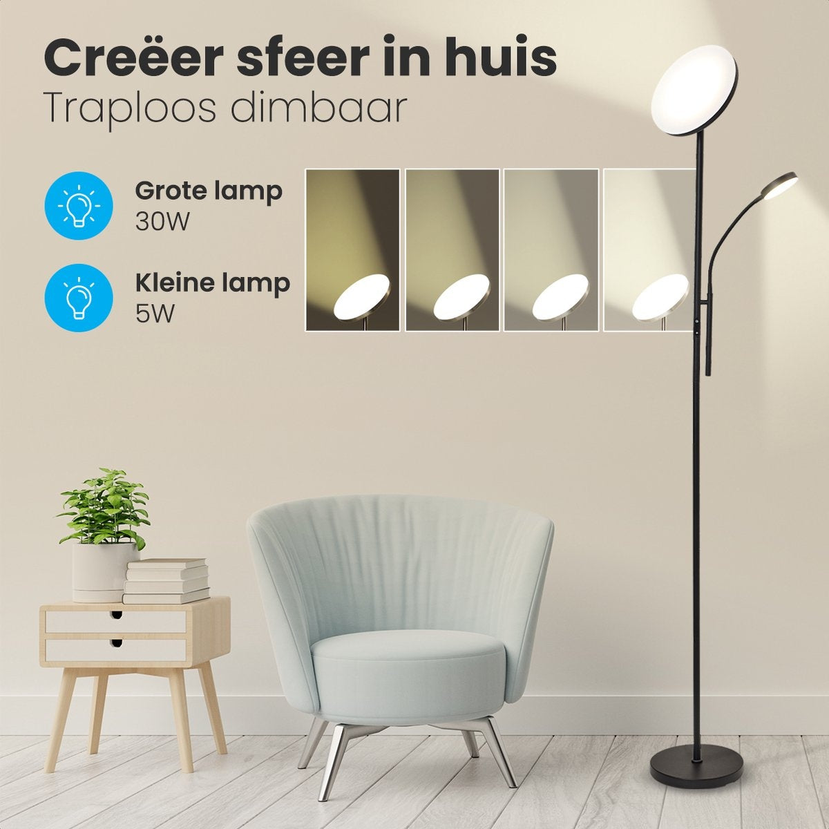 Auronic Stehleuchte - Stehleuchte Industrial - 181cm - LED - Dimmbar und neigbar - mit Fernbedienung - Geeignet für Wohnzimmer - Schwarz