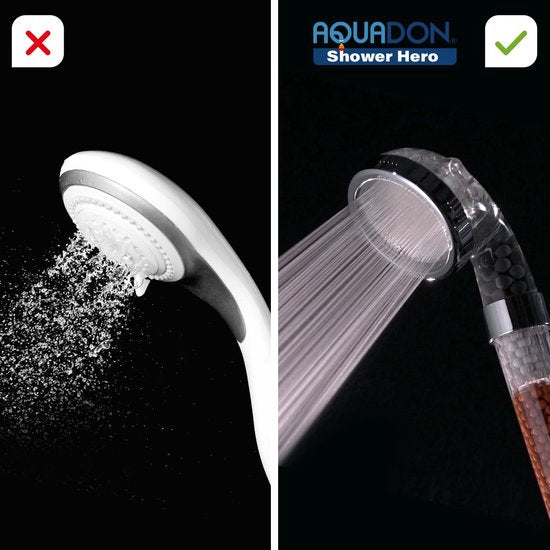 Aquadon Shower Hero – Wassersparender Duschkopf mit natürlichen Mineralperlen – drei Strahlstärken – für alle gängigen Duschschläuche – 3 Strahlarten – erhöht den Wasserdruck – spart Wasser