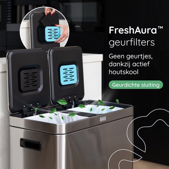 Deleca Recycling-Mülleimer mit 2 Fächern - 60 Liter (2x30) Abfallbehälter - Mülltrennung / Pfandbehälter / Tret-Abfallsammler - Mülleimer mit FreshAura Geruchskontrolle - Slow Close - Edelstahl Silber