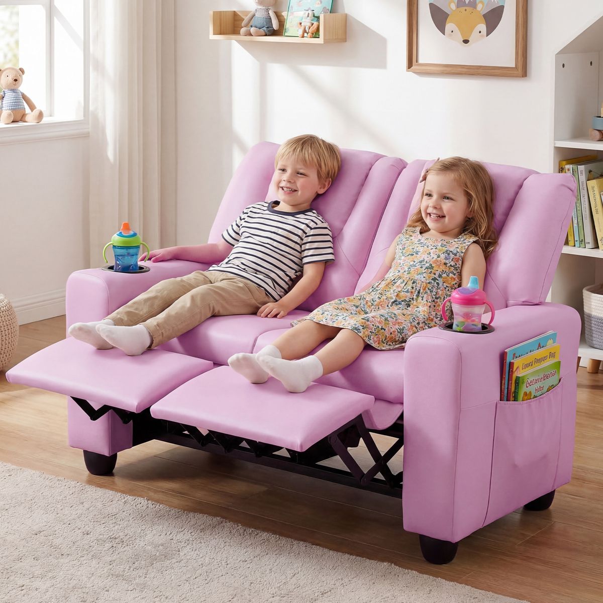 Coast Kinderbank mit Liegefunktion – Doppelsitz – Getränkehalter – rosa 54 x 94 x 68 cm