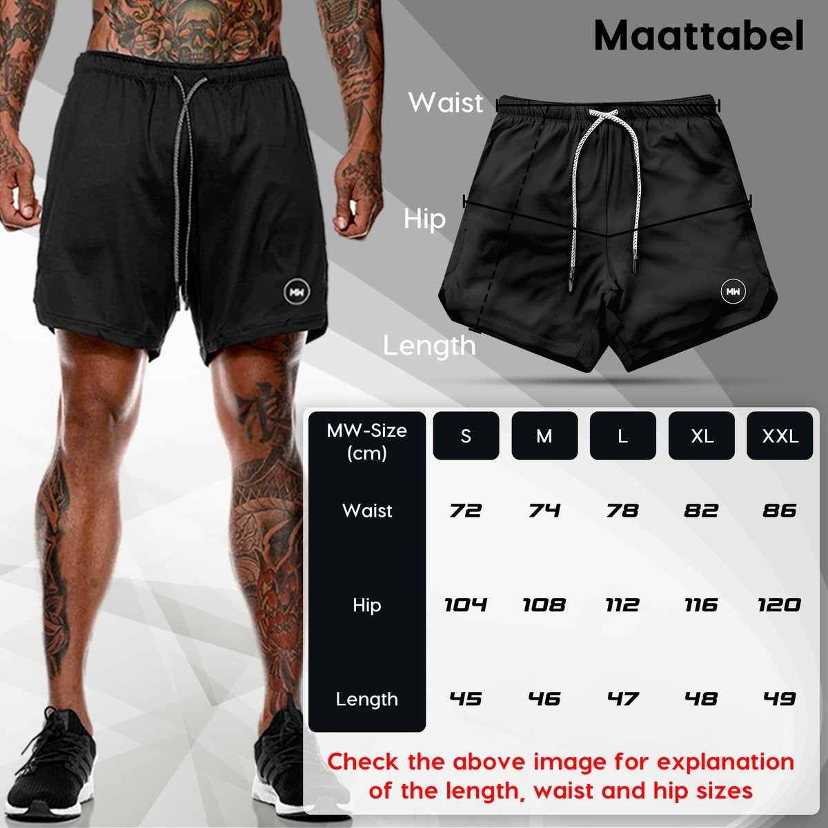 MWÂ® - Sporthosen für Männer - Fitnesshosen - Laufhosen - Sportbekleidung - 2 in 1 Shorts - (Schwarz - L)