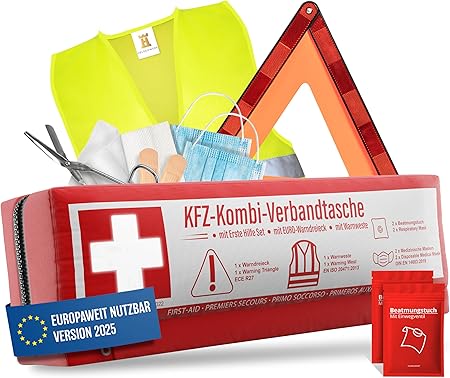 Auto-Kombi-Tasche (3 in 1) nach aktueller Norm 2026 - inkl. Warndreieck, Warnweste - Verbandskasten Warndreieck-Set Auto-Verbandskasten DIN 13164:2022 (nach deutschem Verkehrsrecht)