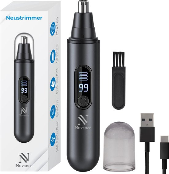 Nuvance Nasentrimmer - Wiederaufladbar & abspülbar - Nasenhaartrimmer - Ohrentrimmer - Männer & Frauen - USB C - Schwarz