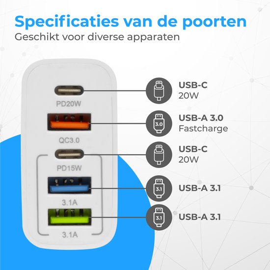 Nuvance - USB-Adapter - 5 Ports - USB-Stecker - USB-Ladegerät - Geeignet für jedes USB-Kabel - Weiß