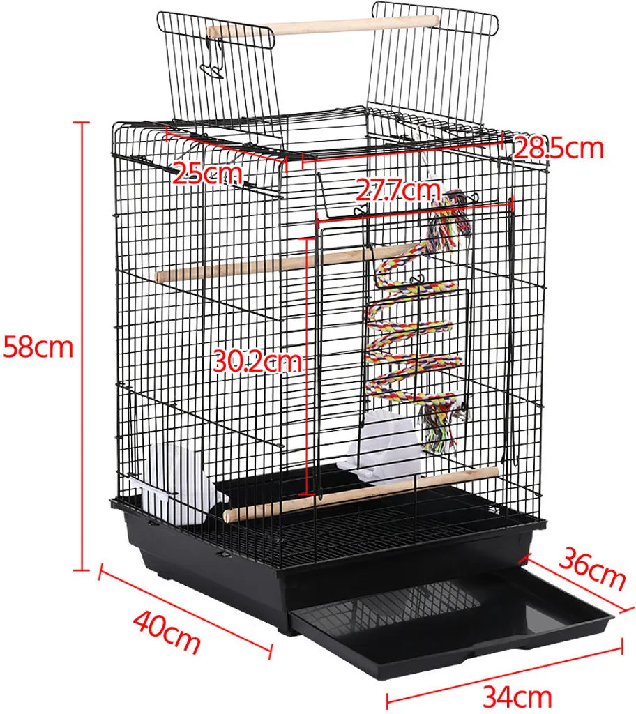Yaheetech Vogelkäfig mit Spielzeug und aufklappbarem Dach – Schwarz – 40 x 40 x 58 cm