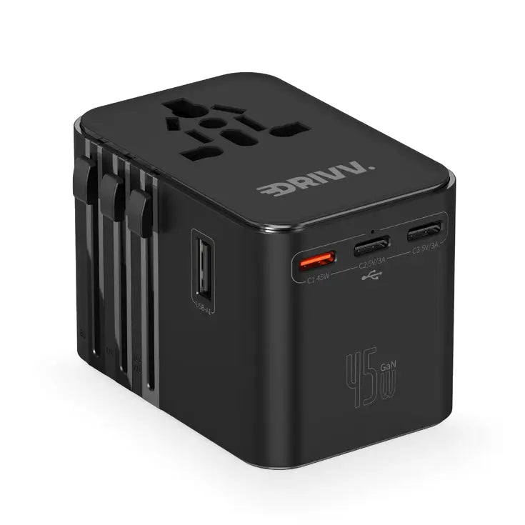 Drivv. Universeller USB-C-Reiseadapter mit 45 W – für über 180 Länder – 3x USB-C & 2x USB-A – kompakter Reiseadapter