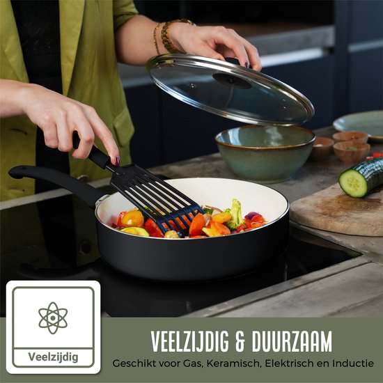 COOCK Kasserolle Induktion - 3100ml - Spezielle Antihaftbeschichtung - Ergonomische Kaltgriffe - Recyceltes Aluminium - Schwarz/Weiß - Inklusive E-Book