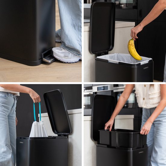 Deleca Mülleimer Prestige - 50 Liter - Schmal - Edelstahl Abfalleimer / Abfallbehälter / Tret-Abfalleimer - Mit Fußpedal und Slow Close - Mattschwarz