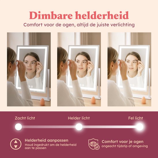 Fraay® Hollywoodspiegel mit Beleuchtung 41x30cm - 3 Lichtstufen - Schminkspiegel mit 10-facher Vergrößerung - LED-Streifenbeleuchtung dimmbar - inkl. Beauty Blender und Puderquaste