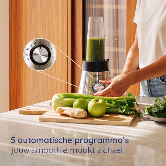 Safecourt Kitchen Power Mixer - 5 automatische Programme - Smoothie Maker - +2 Becher zum Mitnehmen - Edelstahl