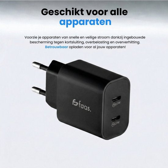 Faas USB C Ladegerät - Schnellladegerät - 40W - 2x 20W Port - 2 Kabel - 1,5 Meter - USB C Kabel - USB C zu USB C - Schwarz