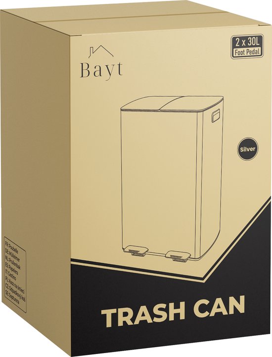 Bayt Mülleimer - Mülleimer 60 Liter (2x30) - Mülleimer 60 Liter - Treteimer 60 Liter - Mülleimer Mülltrennung - Mülleimer 2 Fächer - Mülleimer - Edelstahl - Silber