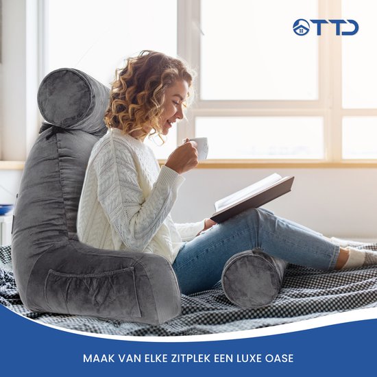 TTD® Premium XXL Lesekissen mit Nackenrolle - Lesesitz - Lesekissen fürs Bett - Ergonomisches Sitzkissen mit verstellbarer Polsterung - Buchkissen - Inklusive extra Minikissen - Samtig weich - Waschbarer Bezug